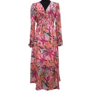 Jessica Simpson Chiffon Maxi Dress Pink Tropical Floral Sheer Kentucky Derby Sm